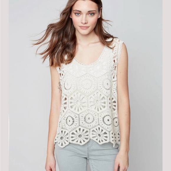 🌹CHARLIE B CROCHET NATURAL SLEEVELESS CAMI STYLE TANK - Picture 1 of 7